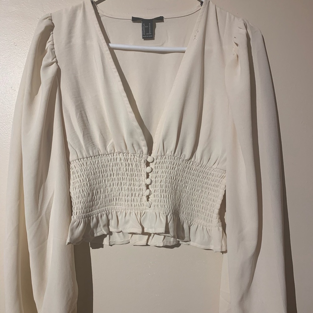 Cropped Long Sleeve V Neck Blouse